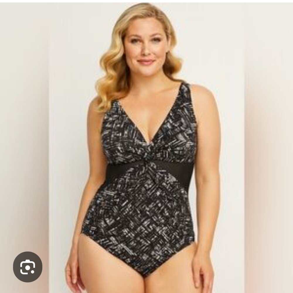 NWT MIRACLESUIT Twist of Fate Swimsuit Women's SZ 12 One Piece Black Geometric
